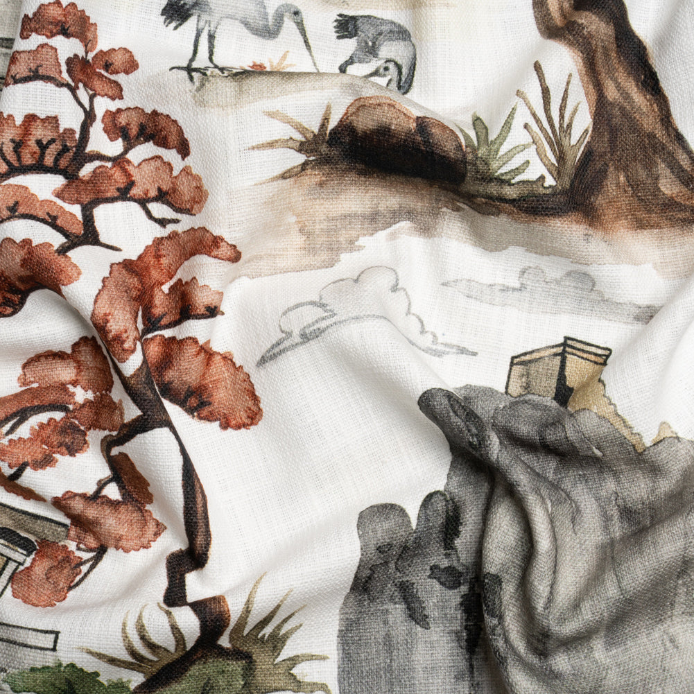 Gray, Rust and Green Pagodas and Mountains Slubbed Cotton Woven - Joann Fabrics
