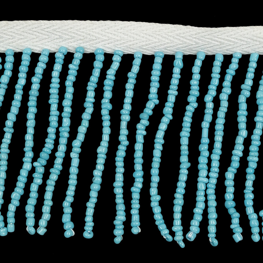 Vintage Opaque Turquoise and White Seed Beaded Chainette Fringe - 2
