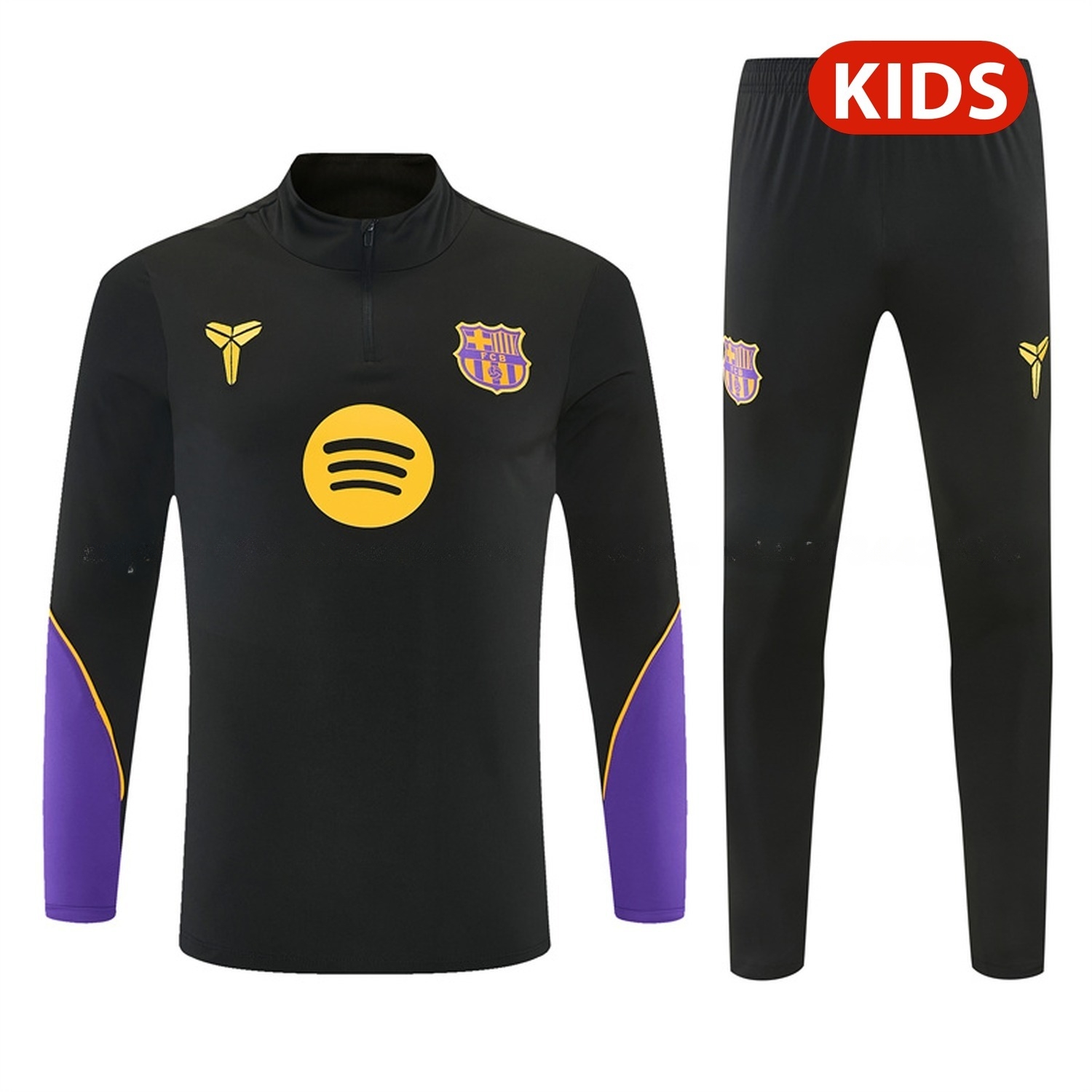 Barcelona 26-27 Purple Trim Kids Long Sleeve Training Set - Black Top & Black Pants - UnitedFutballJersey