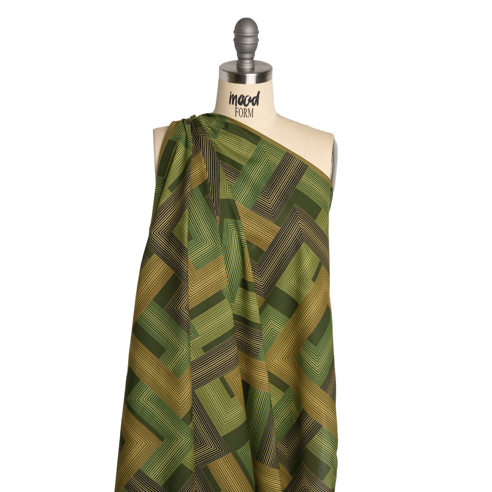 Cotton Voile - Olive and Hunter Green Geometric Lines - Hedge Maze Print - Mood Exclusive Acadia Collection - Joann Fabrics