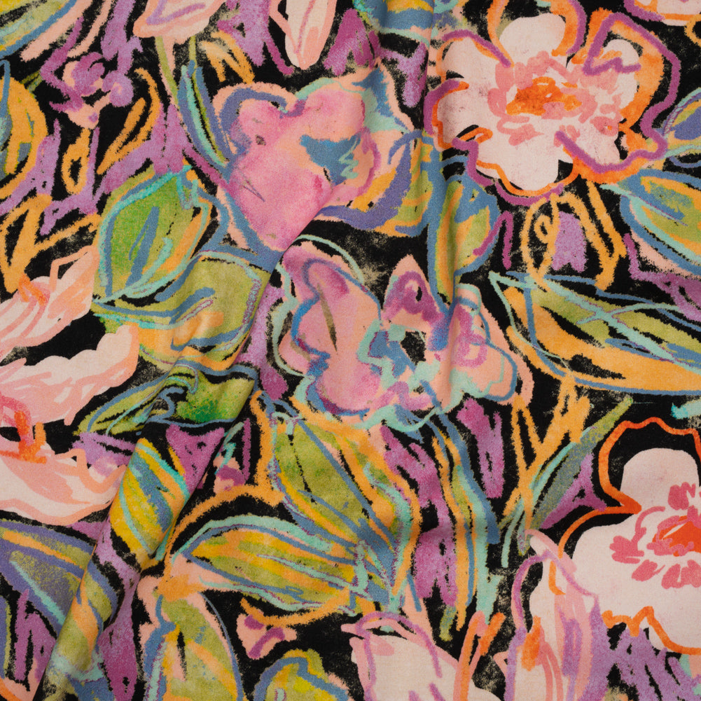 Brushed Cotton Woven - Pink, Floral Purple and Bright Green Chalk Drawing Flowers - Mood Exclusive Chalkboard Blossoms Print - Joann Fabrics