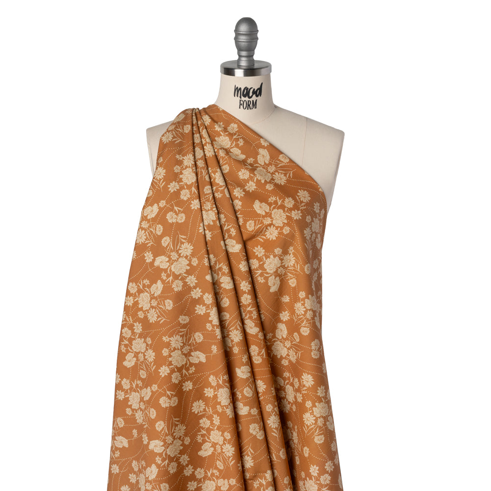 Stretch Cotton Poplin Print - Tan Flowers and Dotted Lines - Mood Exclusive Errands of Bees - Joann Fabrics