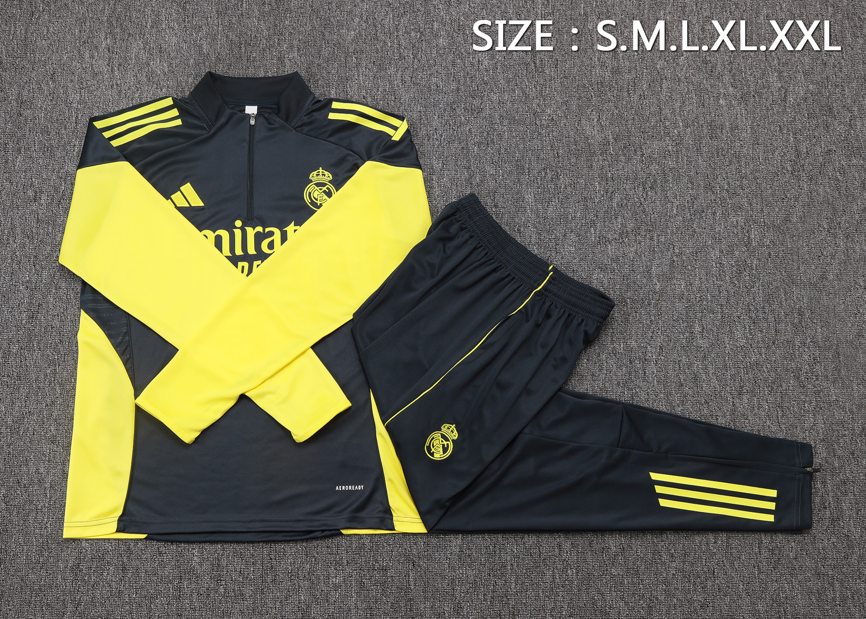 2025/2026 Real Madrid Dark gray with yellow sleeves Half-Pull Training Suit Football Shirt 1:1 Thai Quality Set