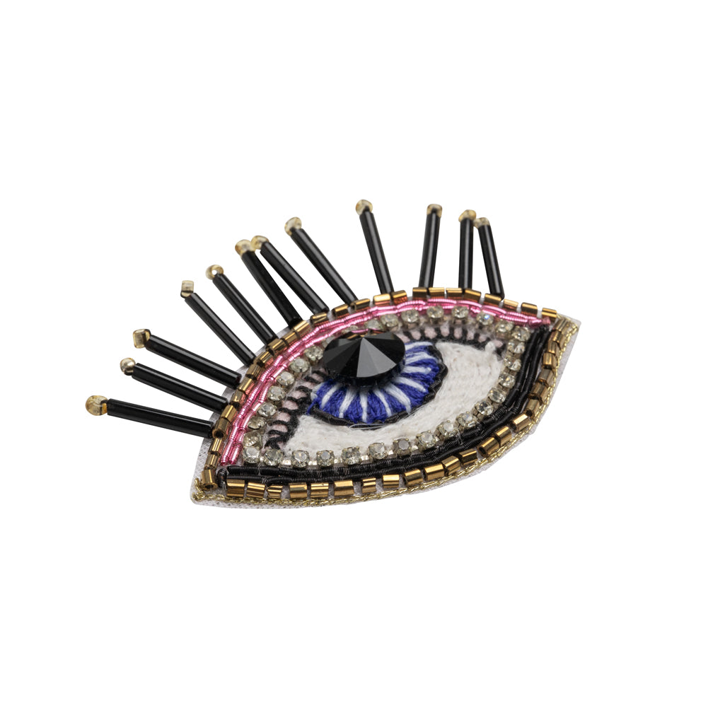 Gold, Pink and Blue Decorated Eye Embroidered Rhinestone and Glass Beaded Applique - 2