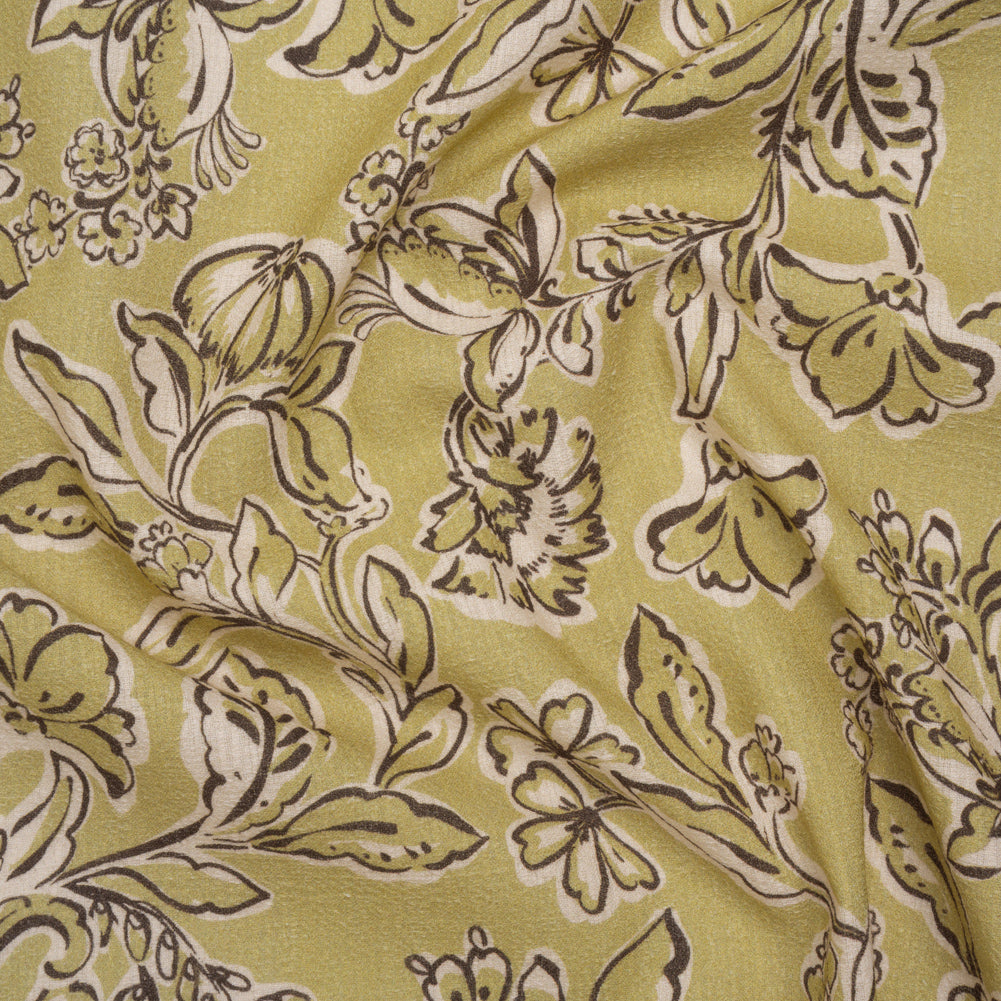 Slubbed Gauzy Cotton Woven - Pistachio Green, Cream and Dark Brown Floral - Mood Exclusive Cottage Crawl Print - Joann Fabrics