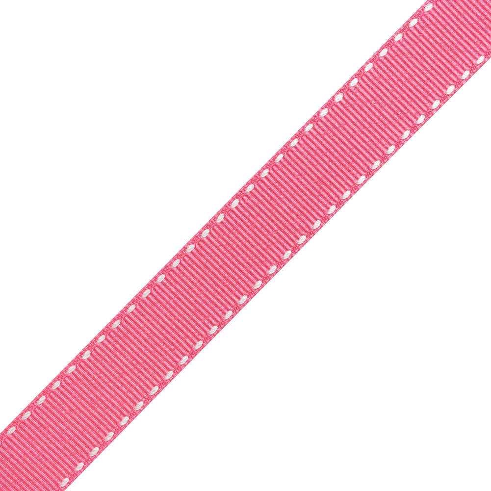 Grosgrain Ribbon with White Stitched Borders - Hot Pink - 0.625