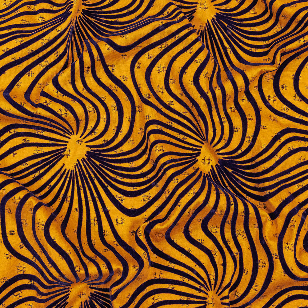 Navy Flocked Abstract Florals on Mustard and Navy Abstract Stretch Cotton and Polyester Shirting - Joann Fabrics