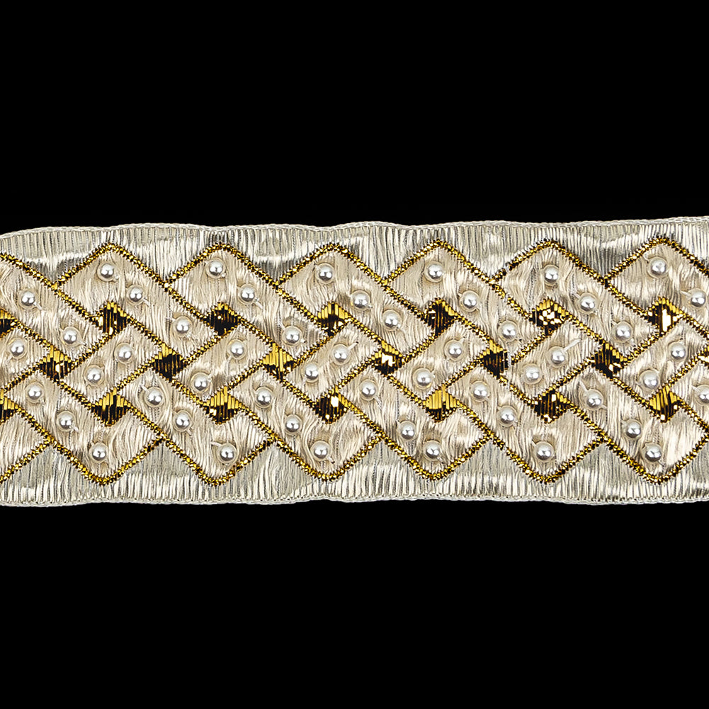 Vintage Ivory and Fleur de Lis Lurex and Rayon Blend Beaded Ribbon - 1.375