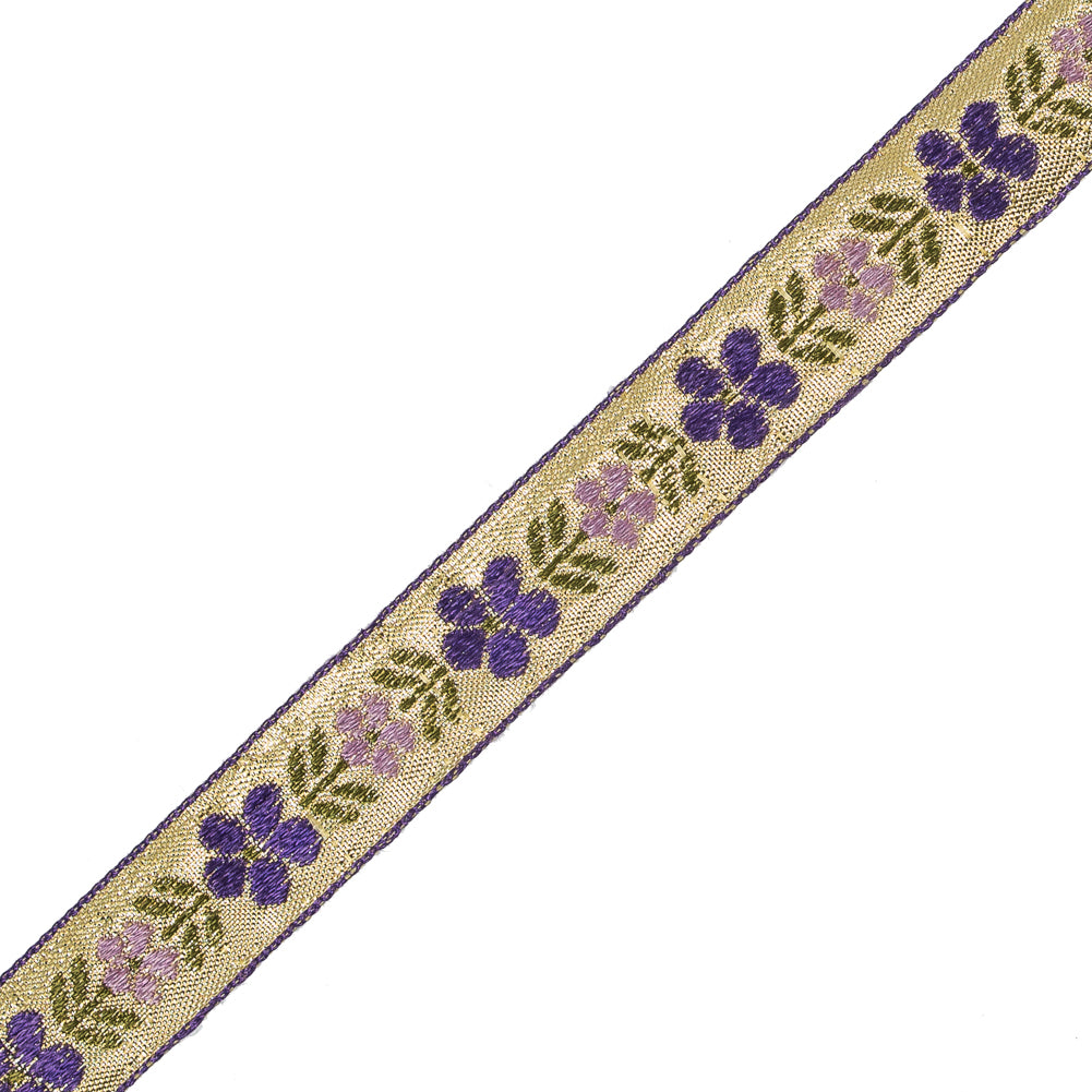 Purple and Metallic Gold Floral Jacquard Ribbon - 0.75