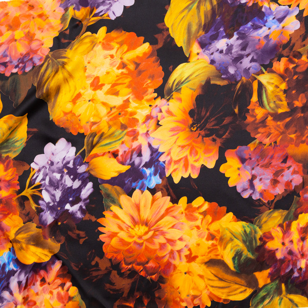 Mood Exclusive Italian Jaffa Orange, Moss and Grape Royale Painterly Floral Digitally Printed Silk Charmeuse - Joann Fabrics