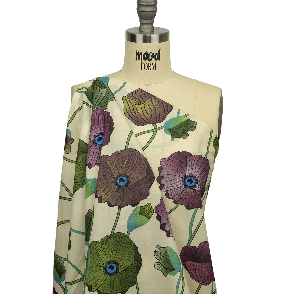 Beige, Green and Plum Big Poppies Cotton Lawn - Joann Fabrics