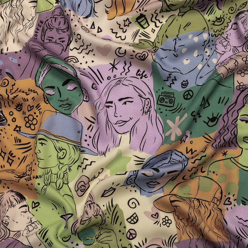 Rayon Challis - Purple and Green Figures and Doodles - Serene Souls Print - Mood Exclusive Wisteria Collection - Joann Fabrics