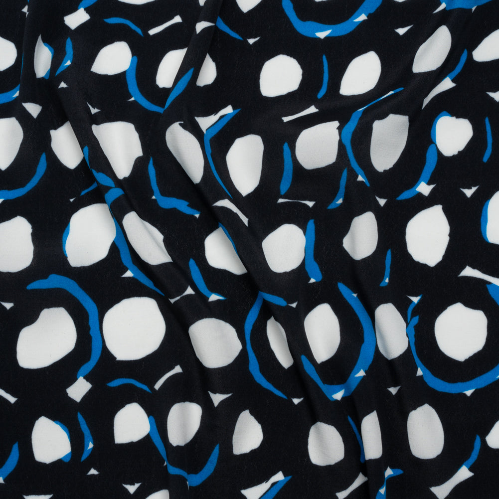 Rayon Crepe de Chine Made in Italy - Black, White and Blue Abstract Spots - Deadstock - Joann Fabrics