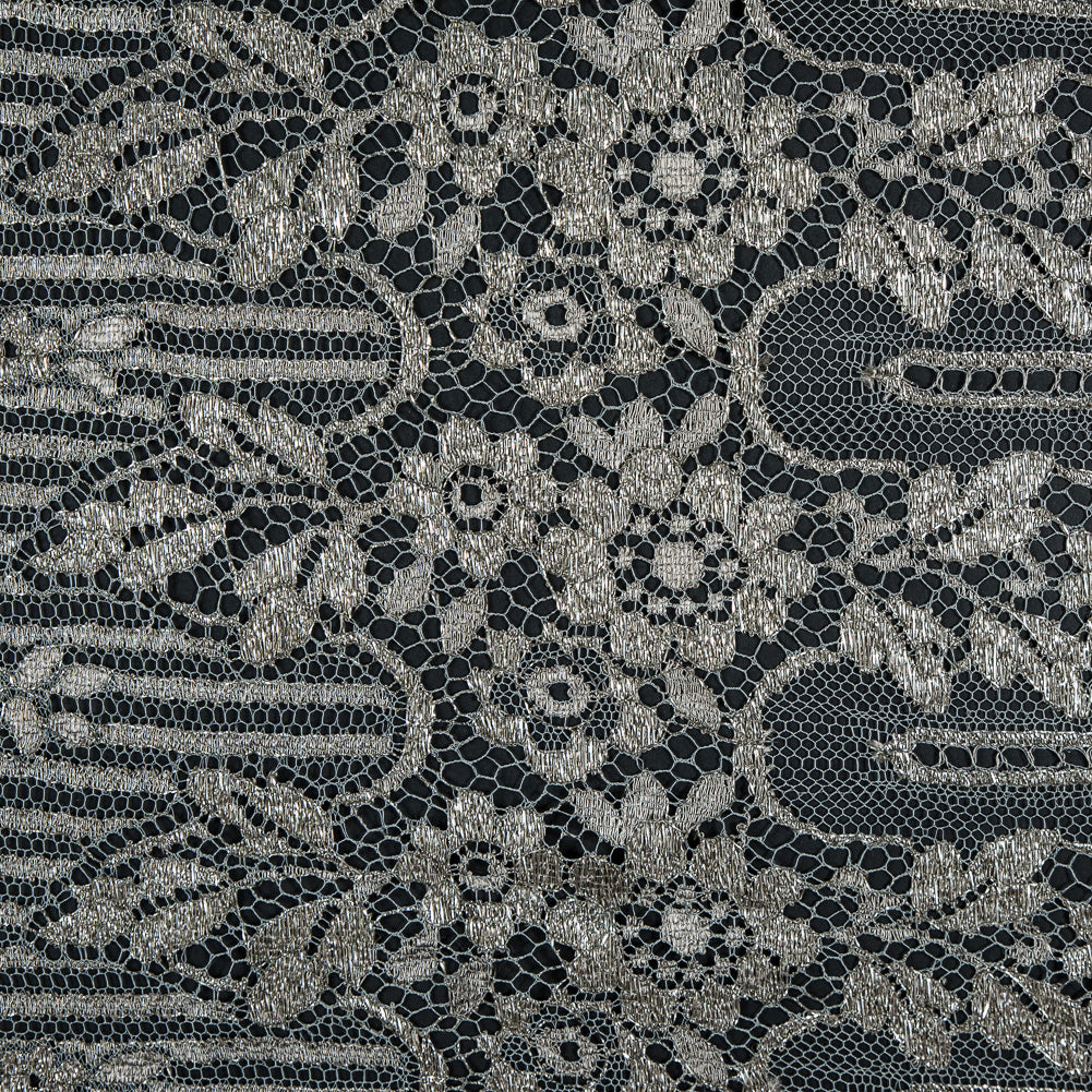 Metallic Lace with Eyelash Fringe Edges - Aqua Gray and Silver Striped Floral - Made in France - Joann Fabrics