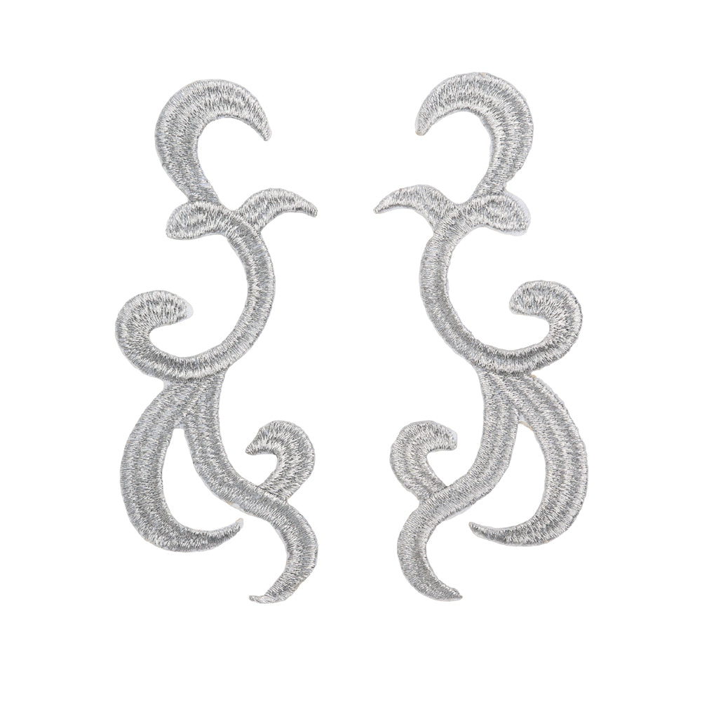 Yaya Han Iron-On Metallic Embroidered Applique Pair - Silver Swirls, 4.25