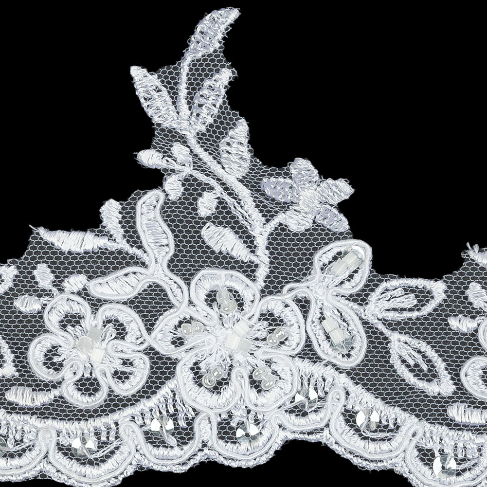 White Floral Beaded and Corded Scalloped Bridal Lace Trim - 3.5