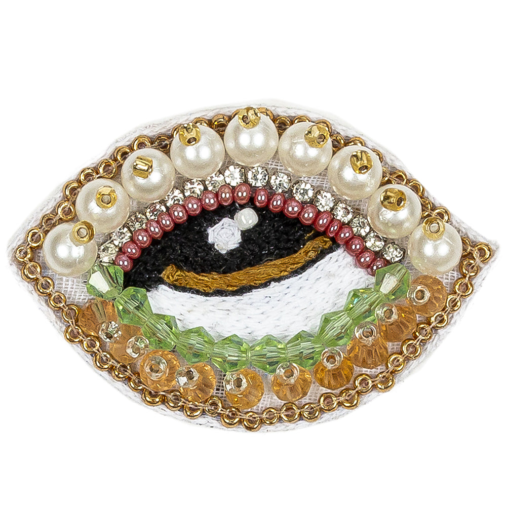 Summer Green, Kumquat and White Pearl Eye Beaded and Embroidered Applique - 1.375