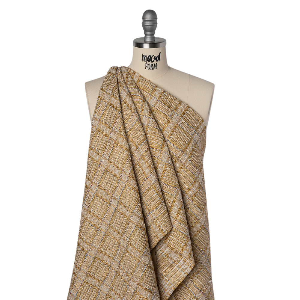 Metallic Polyester and Wool Tweed - Gold, Beige and Light Blue Subtle Plaid - Joann Fabrics