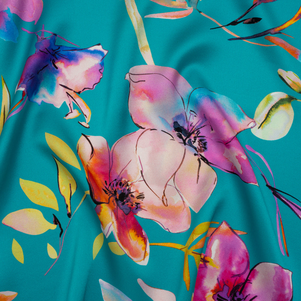 Silk Charmeuse Print 16MM, Made in Italy - Turquoise, Pink and Multicolor Illustrated Watercolor Flowers - Joann Fabrics