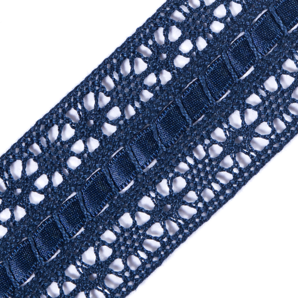 European Navy Crochet Trim with Satin Ribbon Detail - 1.5
