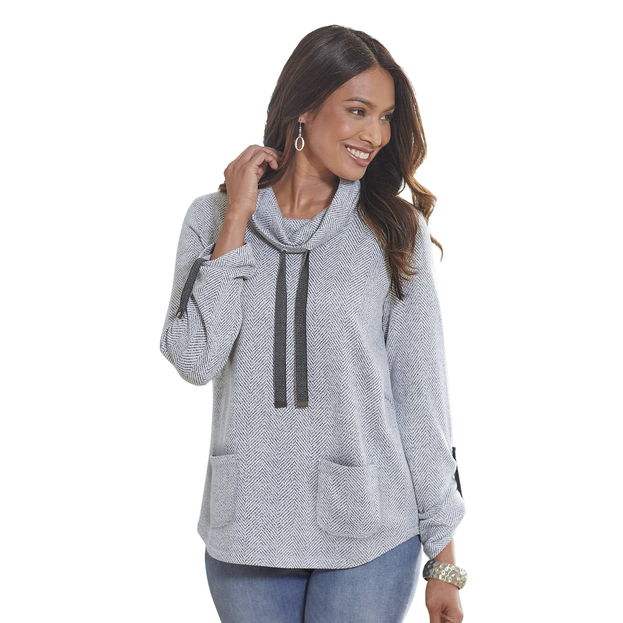 Herringbone Jacquard Knit Tunic, Drawstring Funnel Neck, Patch Pockets - Northstyle Catalog