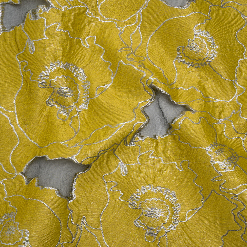 Metallic Burnout Brocade - Gamboge Yellow and Silver All-Over Outlined Flowers - Joann Fabrics
