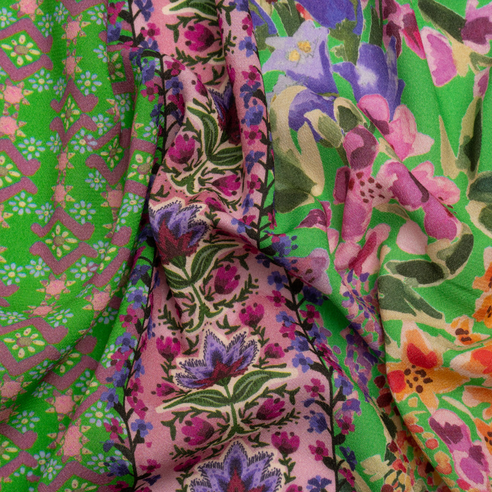 Viscose Crepe Print - Green, Turquoise and Purple Floral and Paisley Stripes - Mood Exclusive April in Patterns - Joann Fabrics