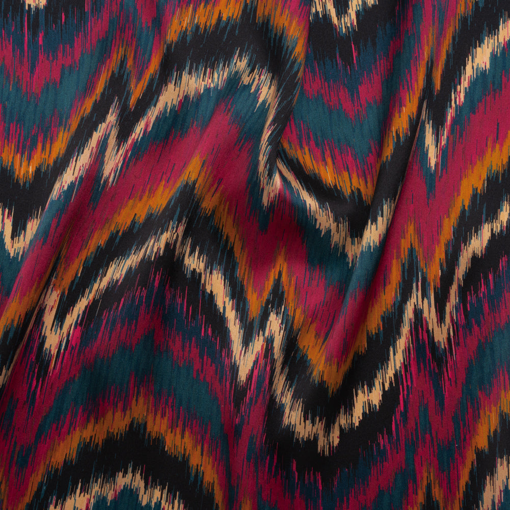 Silk Charmeuse Print 16MM, Made in Italy - Navy, Magenta and Gold Ikat Marbled Waves - Joann Fabrics