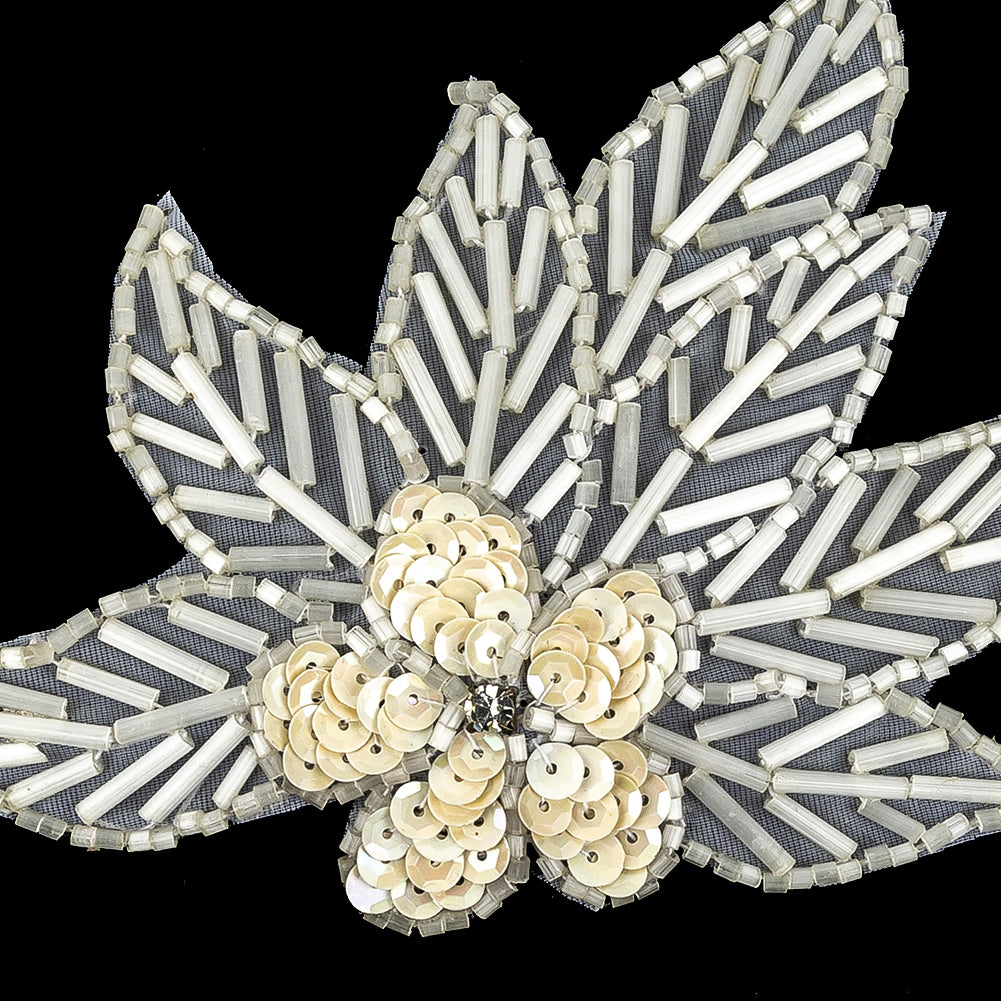 Vintage White Iris Sequins and Translucent White Bugle Beaded Floral Applique with Rhinestone Center - 4
