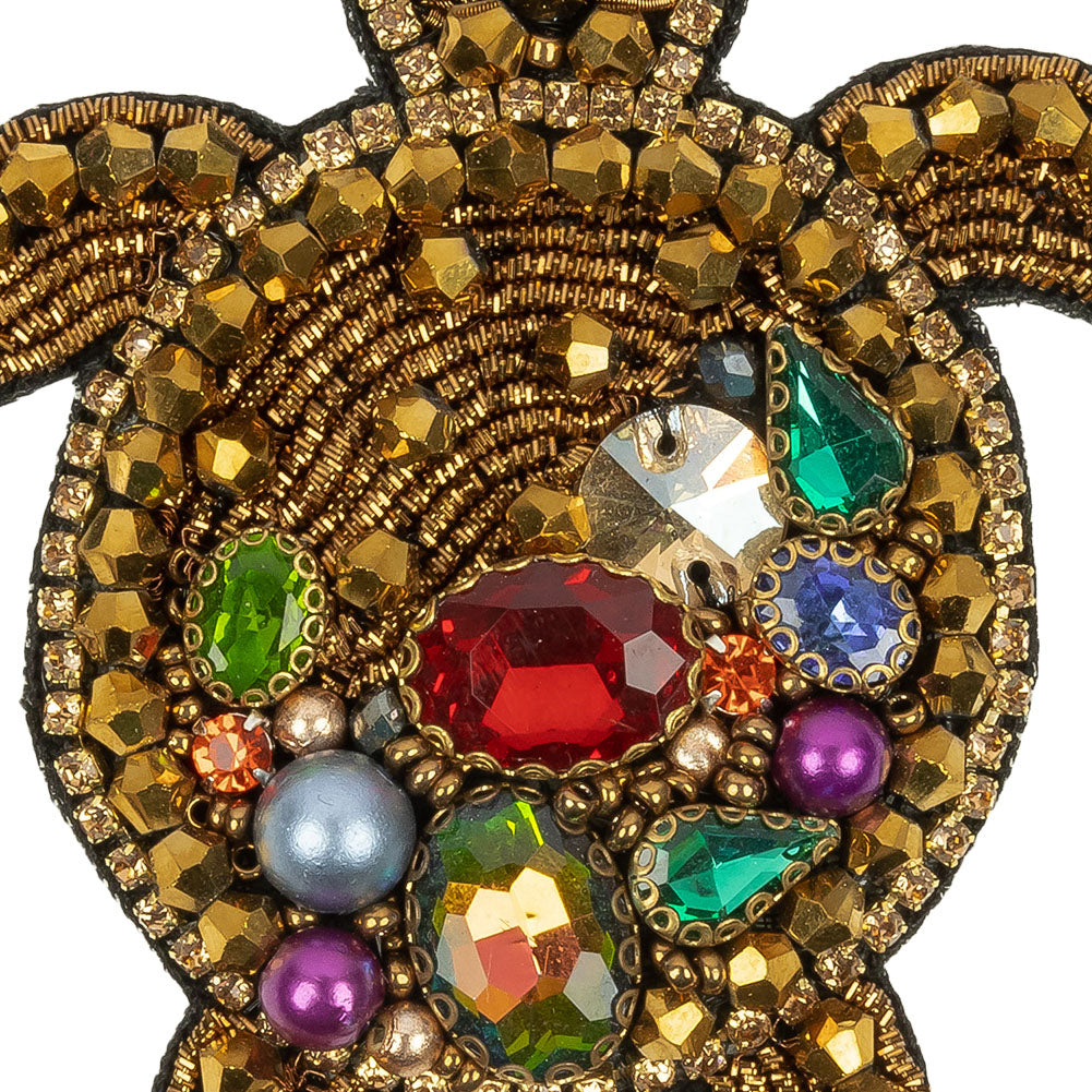 Metallic Gold and Multicolor Sea Turtle Rhinestones and Glass Beaded Applique - 3.5