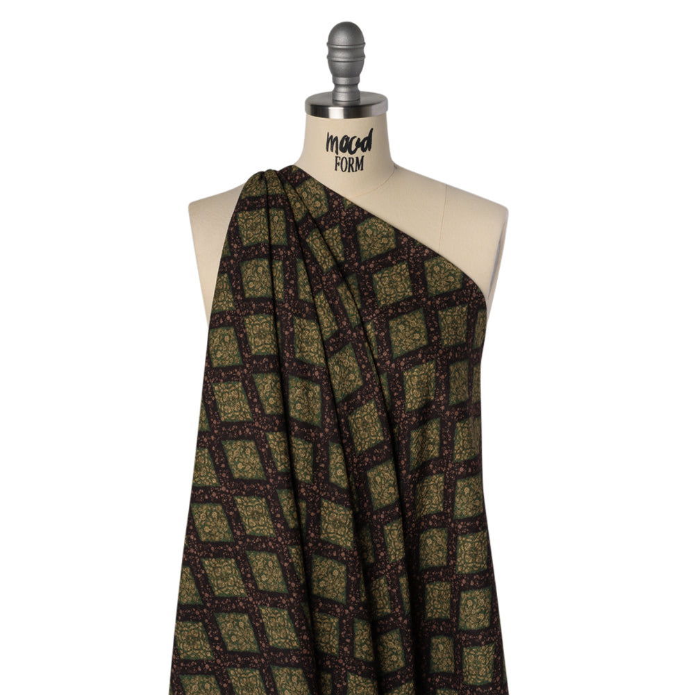 Slubbed Gauzy Cotton Woven - Dark Green, Black and Gilded Beige Small Floral Diamonds - Mood Exclusive Garden Grid Print - Joann Fabrics