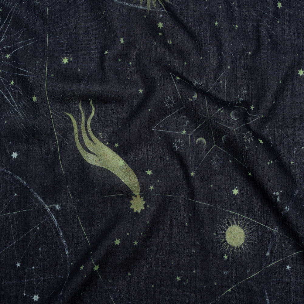 Crinkled Cotton Gauzy Woven - Navy Blue and Lime Green Celestial and Geometrics - Mood Exclusive Cosmic Cartography Print - Joann Fabrics