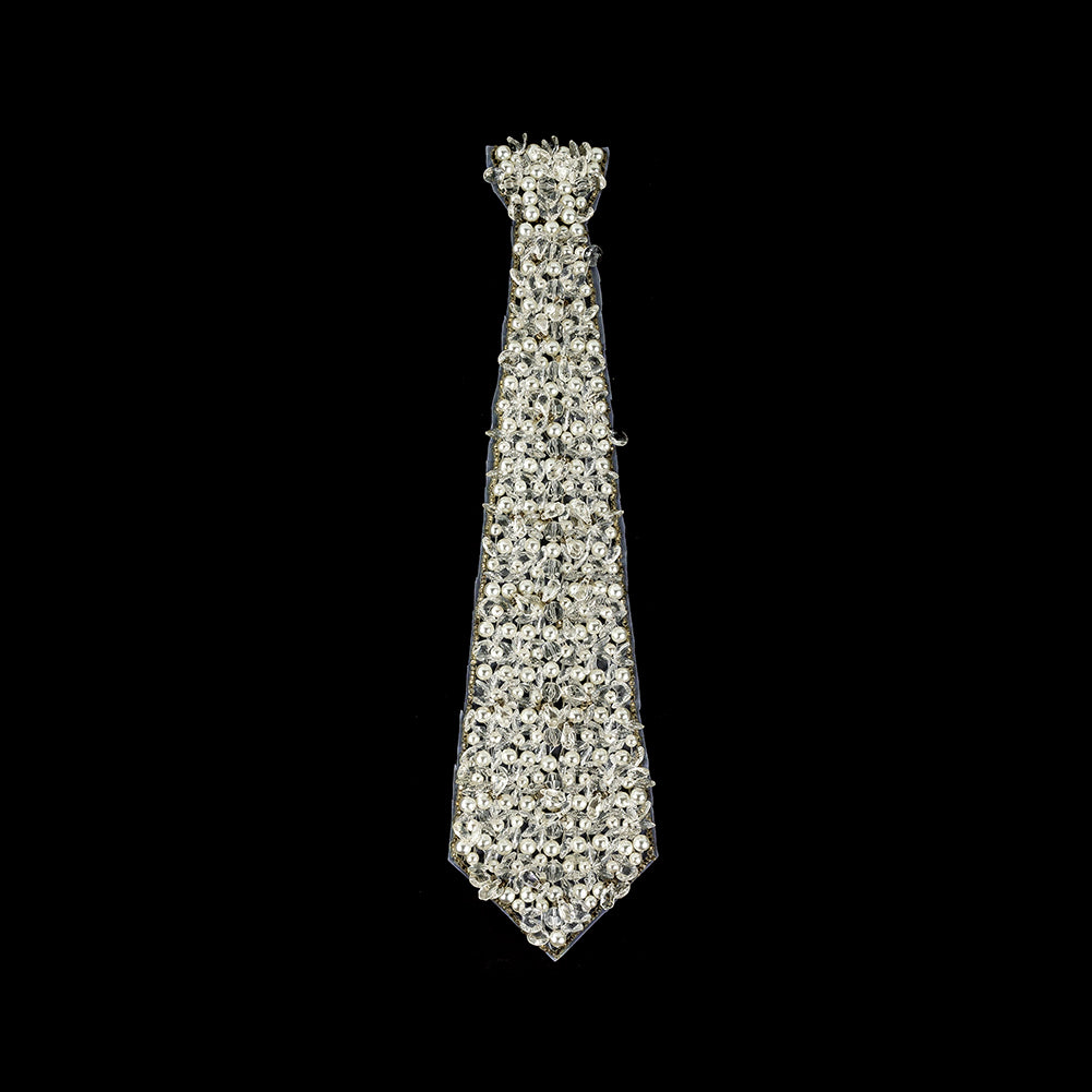 Vintage Fancy Teardrop Crystal, Pearl and Silver-Lined Beaded Tie Applique - 14.5