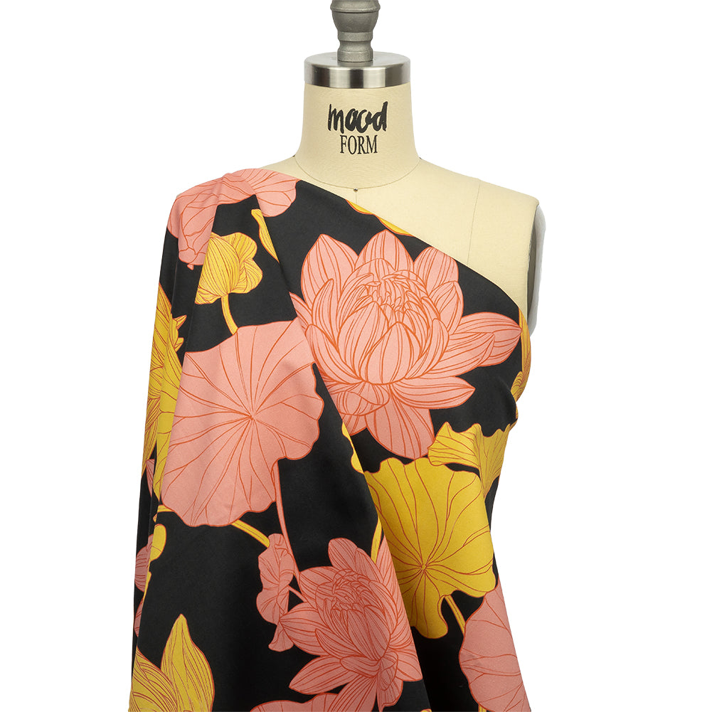Stretch Cotton Sateen - Black, Pink and Yellow Floral - Valley of Lilies Print - Mood Exclusive Groove Collection - Joann Fabrics