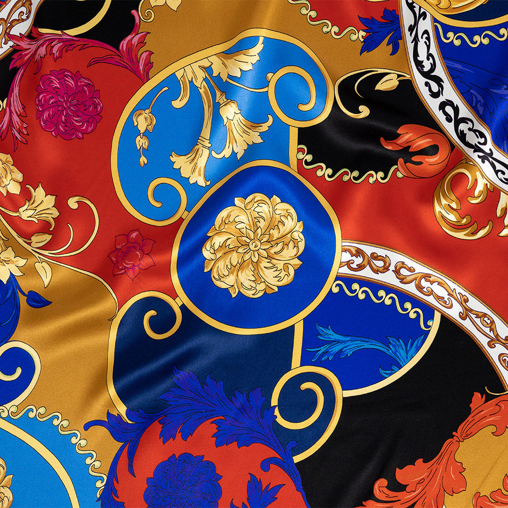Mood Exclusive Italian Cobalt, Golden Oak and Hot Coral Ornate Digitally Printed Silk Charmeuse - Joann Fabrics