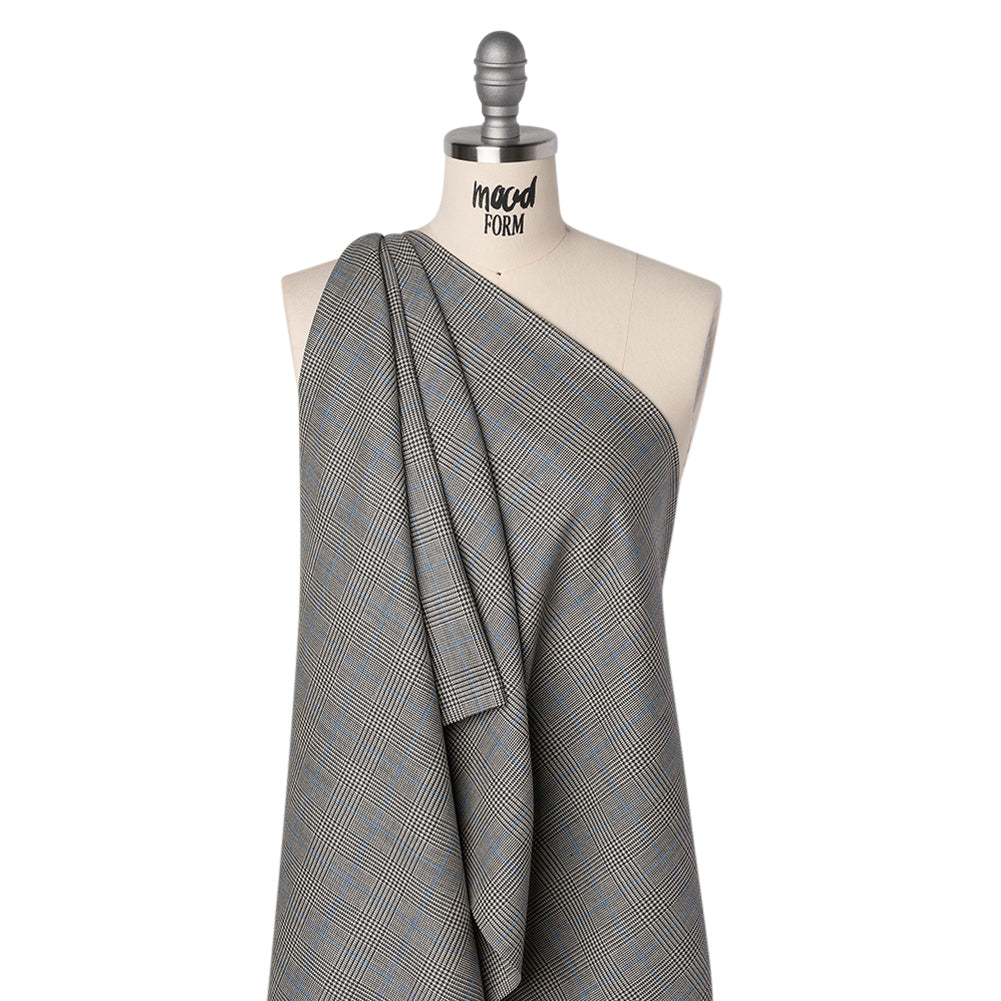 Wool Suiting Made in Italy - Black, White and Sky Blue Glen Plaid - Deadstock - Joann Fabrics