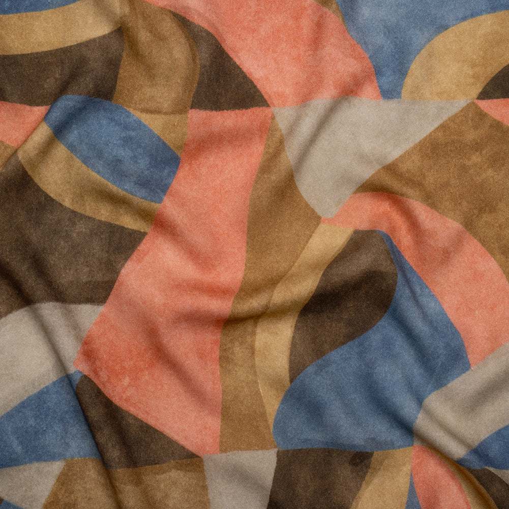 Viscose Crepe - Tan, Rose Coral and Muted Blue Abstract Shapes - Mood Exclusive Drifting Intentions Print - Joann Fabrics
