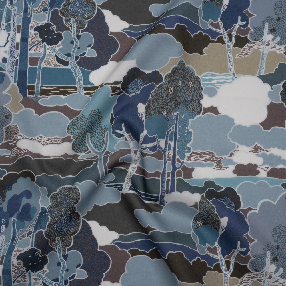 Liberty Fabrics Tana Lawn® - Prospect Road Dark Blue - Navy, Storm Blue and Brown Tree Filled Landscape - Joann Fabrics