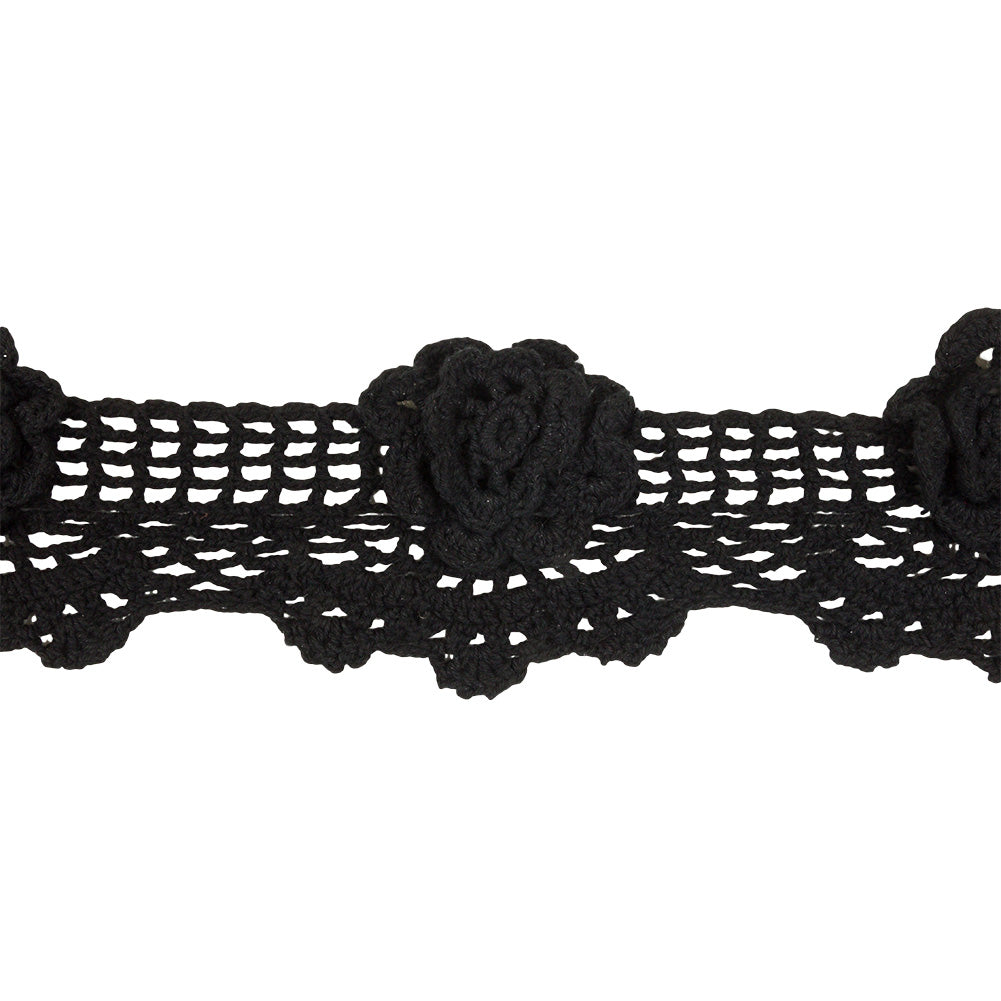 Black 3D Flowers Scalloped Crochet Lace Trim - 3.25