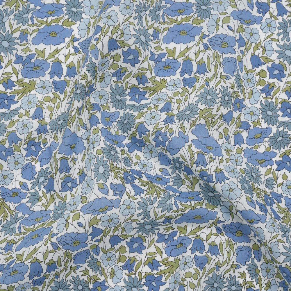Liberty Fabrics Tana Lawn® - Poppy & Daisy Blue - Sky Blue, Country Blue and Sage Green Fine Lined Illustrated Florals - Joann Fabrics