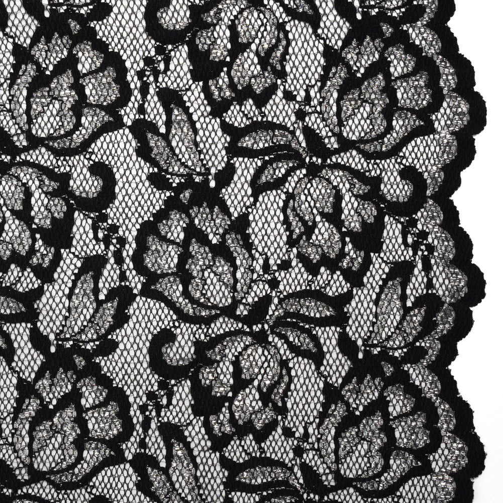 Stretch Metallic Raschel Lace with Finished Edges - Black and Silver Blooming Petals - Joann Fabrics