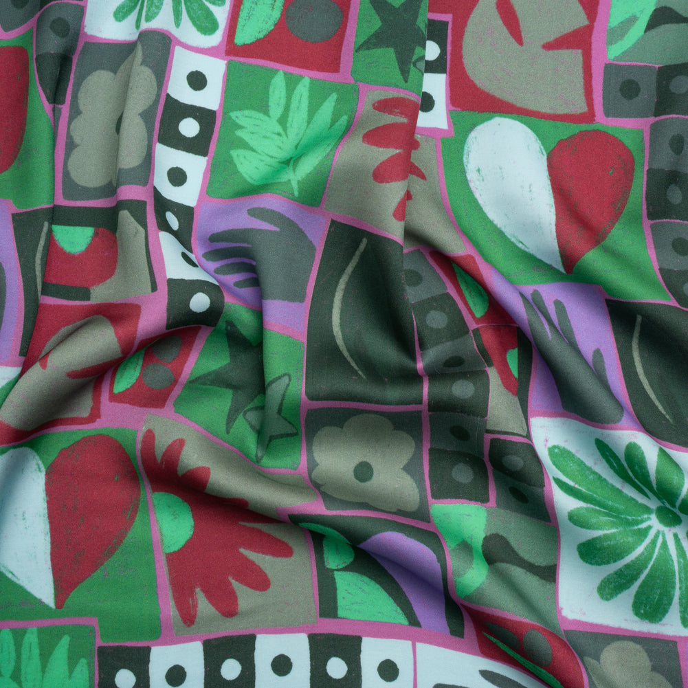 Sustainable and Recycled Viscose Satin Print - Green, Red and Gray Simple Symbols Patchwork - Mood Exclusive Come Together - Joann Fabrics