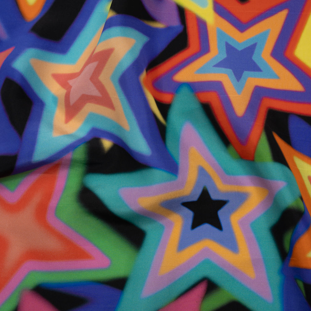 Lightweight Silk Poplin Print Made in Italy - Rainbow on Black Stars - Deadstock - Joann Fabrics