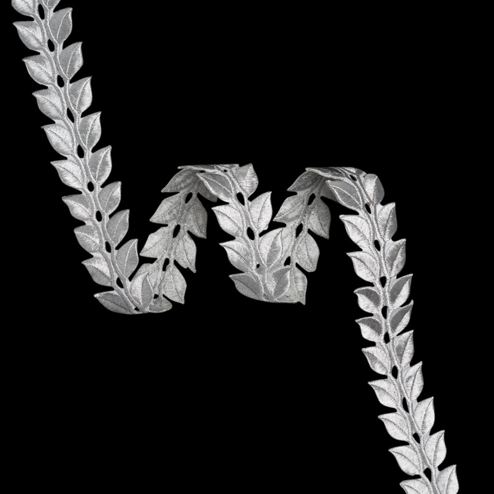 Yaya Han Iron-On Metallic Embroidered Trim - Silver Roman Leaves, 1.25