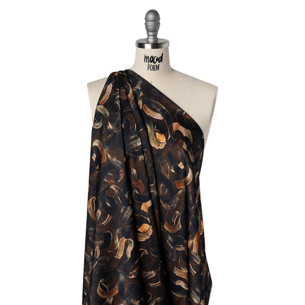 Polyester Satin - Brown, Black and Burnt Orange Painted Ribbons - Mood Exclusive Ruststroke Wrap Print - Joann Fabrics