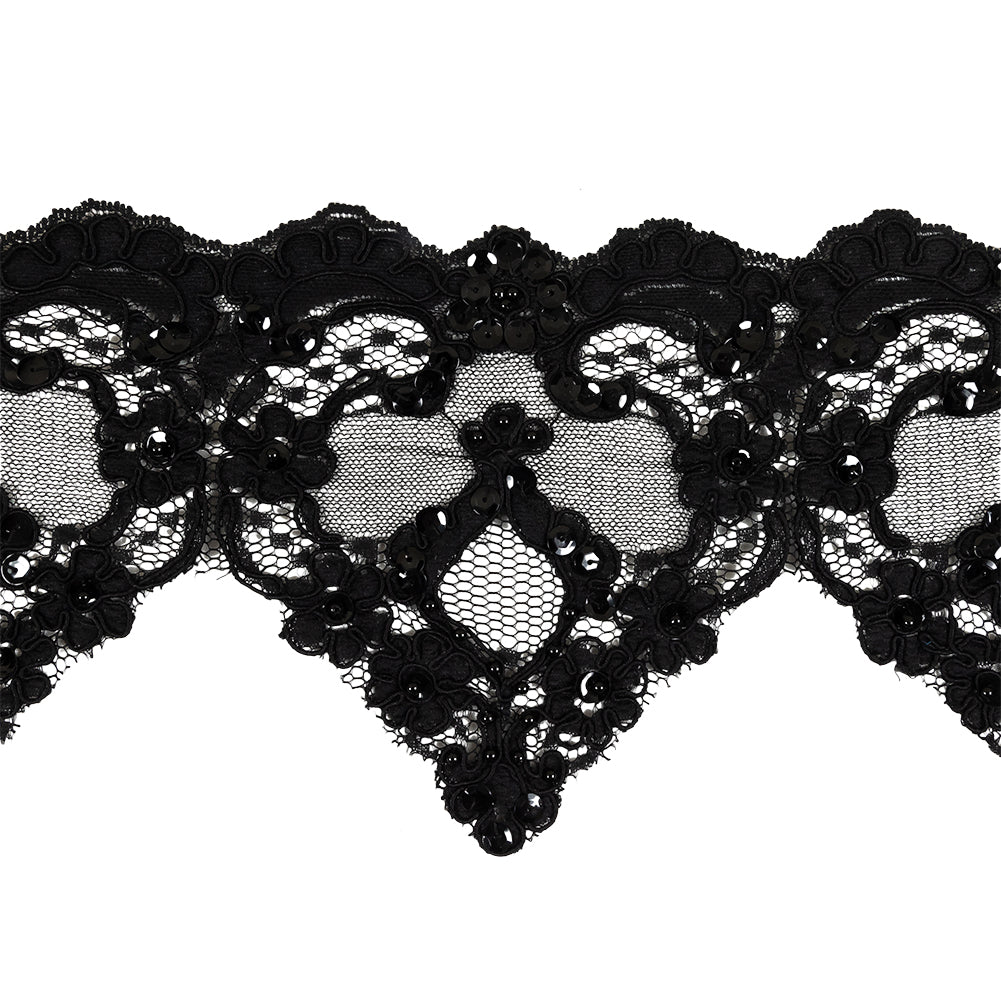 Black Floral Pennants Sequined Corded Lace Trim - 5.5