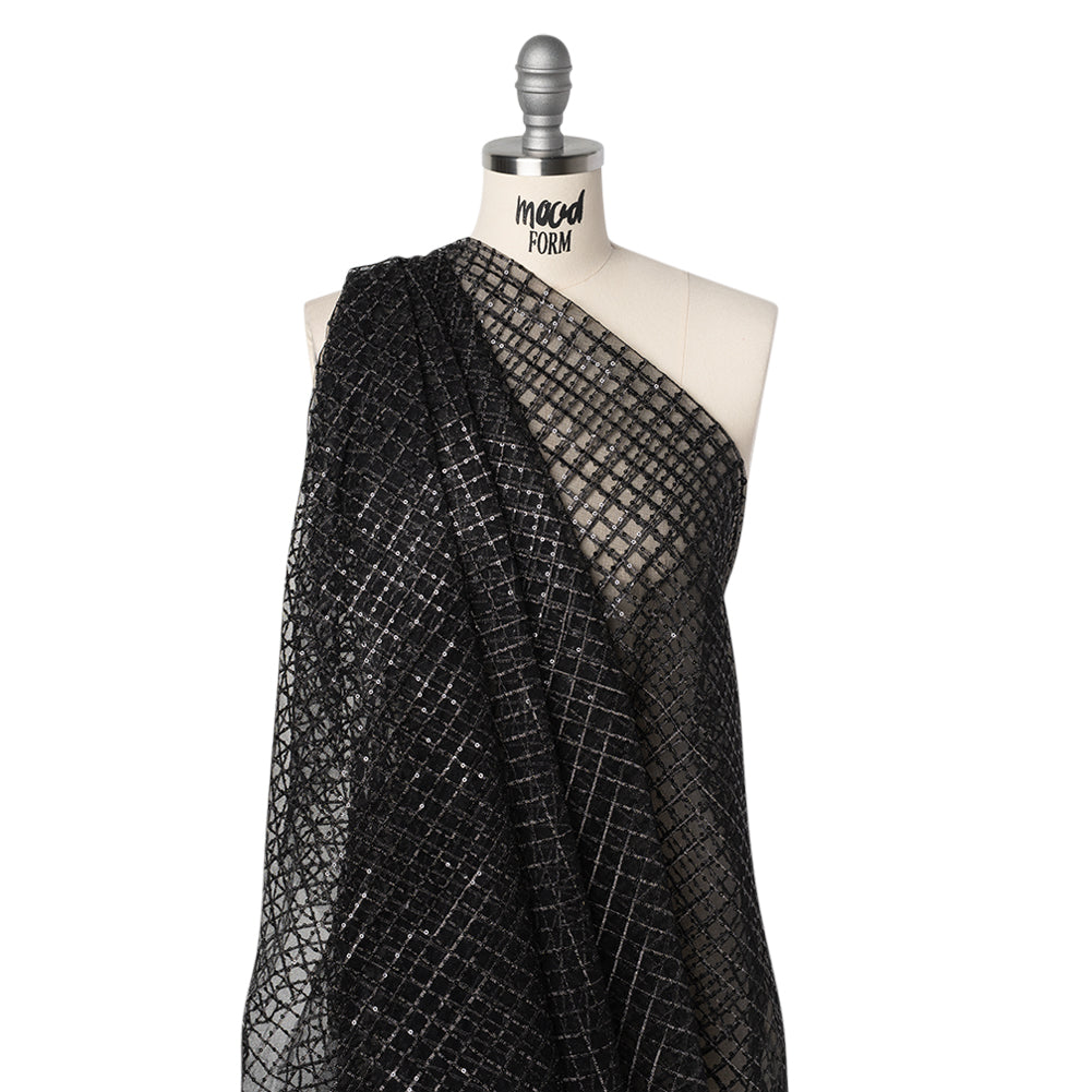 Embroidered Lace Tulle with Baby Sequins - Black and Gunmetal Grid - Designer Deadstock - Joann Fabrics