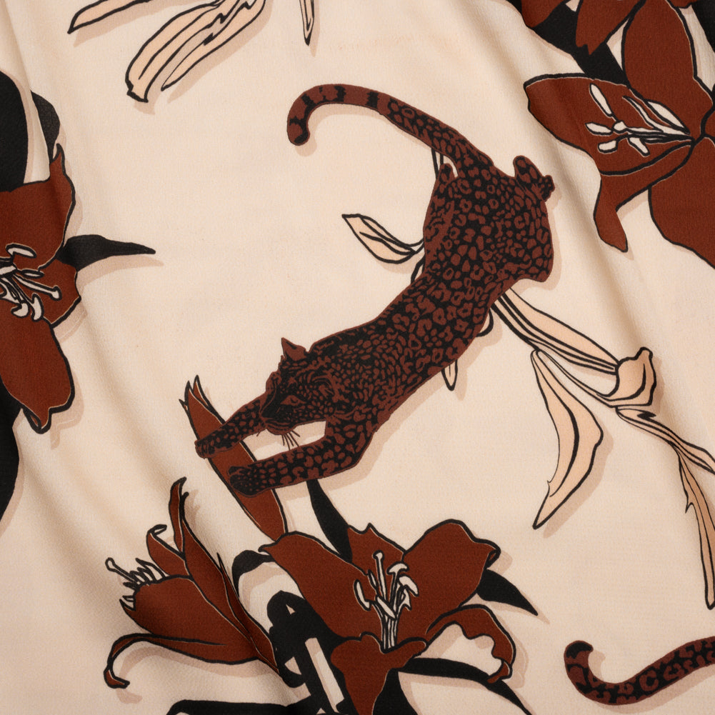 Polyester Satin-Faced Seersucker - Beige and Russet Leopards and Flowers - Made in Italy - Joann Fabrics