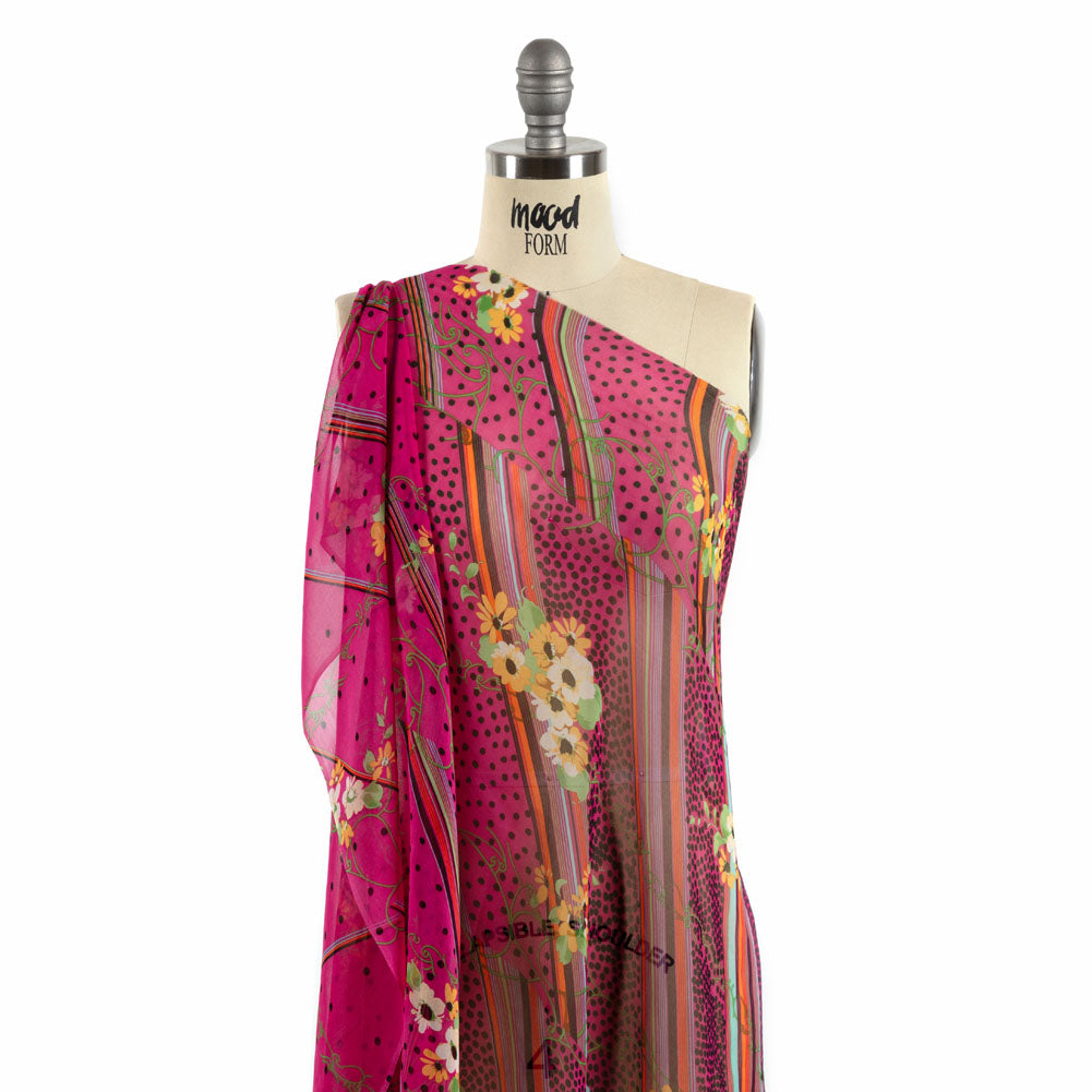 Hot Pink, Yellow and Green Stripes, Spots and Flowers Silk Chiffon - Joann Fabrics