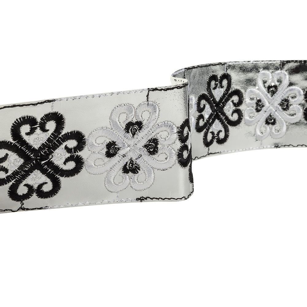 Vintage English White and Black Embroidered Silver Metallic Vinyl Ribbon - 2.75